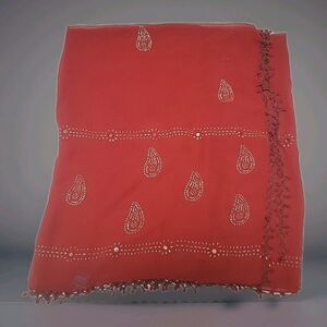 Beautiful Long Wisp Red Scarf / Shawl 100% Polyester Made In India Beaded Fringe